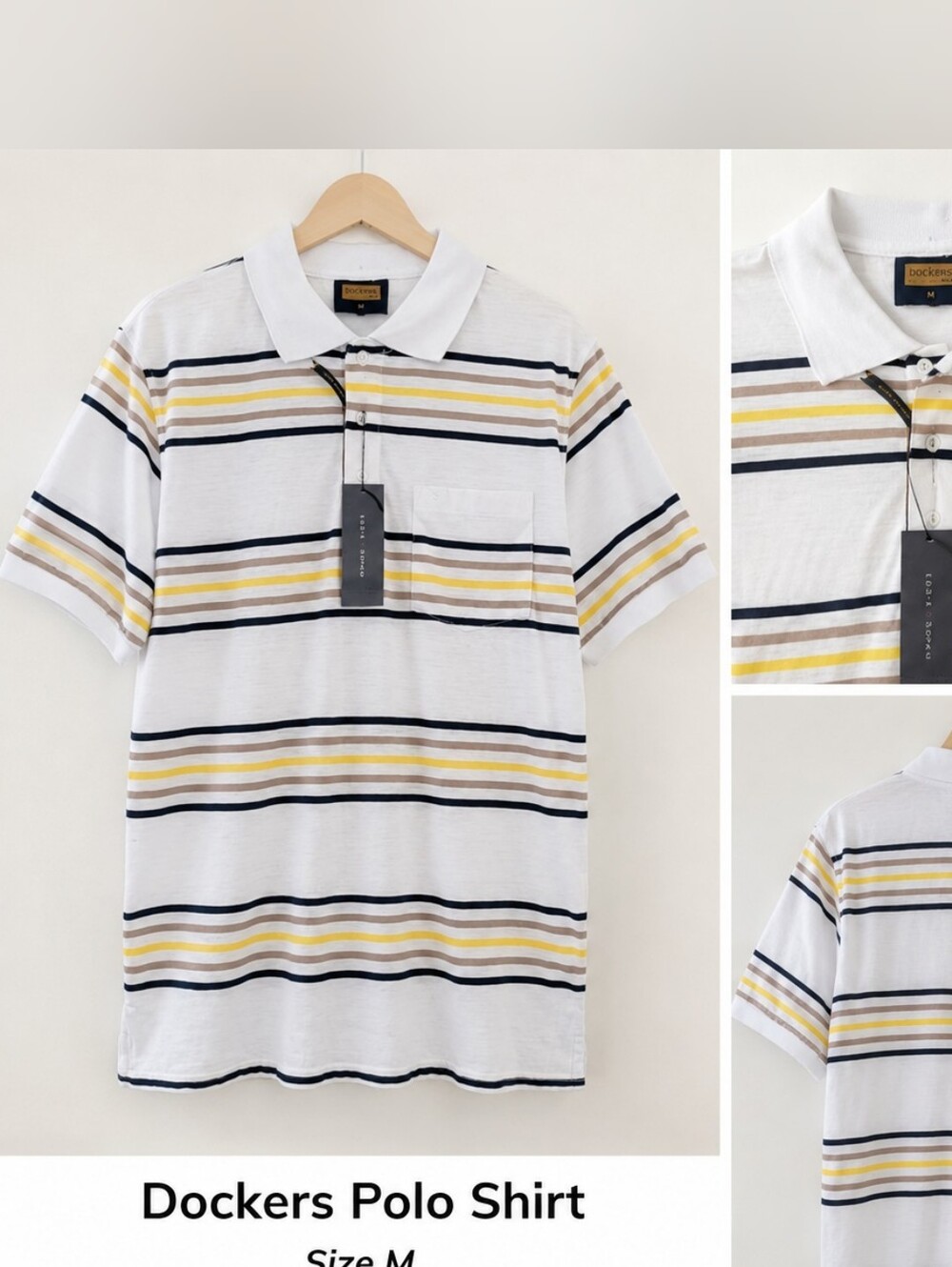 Classic White and Yellow Striped Polo Shirt, Size M